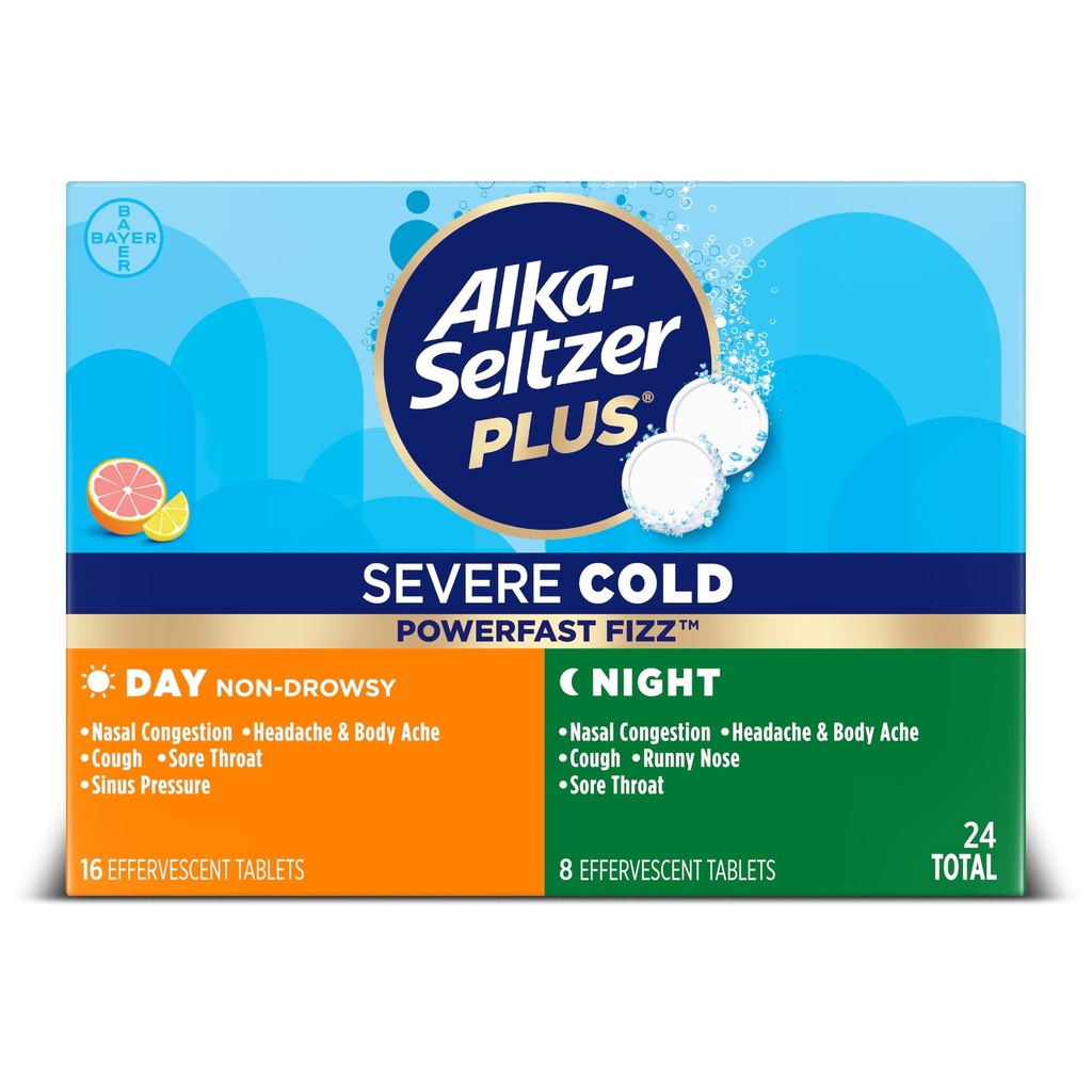 Alka-Seltzer Plus Severe Cold Medicine Day and Night, PowerFast Fizz Day + Night Effervescent Tablets 24 Count