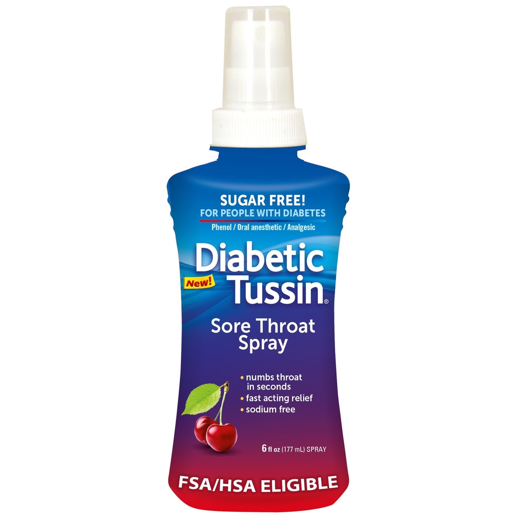 Diabetic Tussin Sugar-Free Sore Throat Relief, Throat Numbing Spray for People with Diabetes, Wild Cherry, 6 Fl Oz