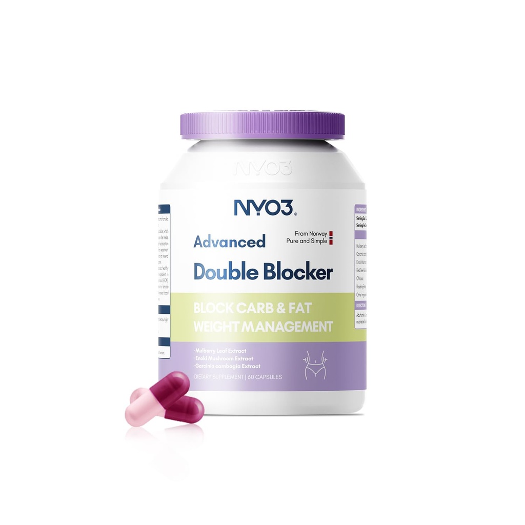 NYO3 Carb & Fat Blocker – Advanced Dual Action Formula with Mulberry Leaf & Enoki Mushroom Extract – Reduce Sugar Absorption & Limit Fat Production, Craving Control & Weight Management - 60 Capsule