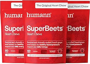 ΑνθρώπινοΝ SuperBeets Καρδιά Chews, Nitric Oxide και υποστήριξη της πίεσης του αίματος, εκχύλισμα σπόρων σταφυλιού & μη-GMO Beet Root Powder Energy, Ρόδι Berry Flavor, 180 Count