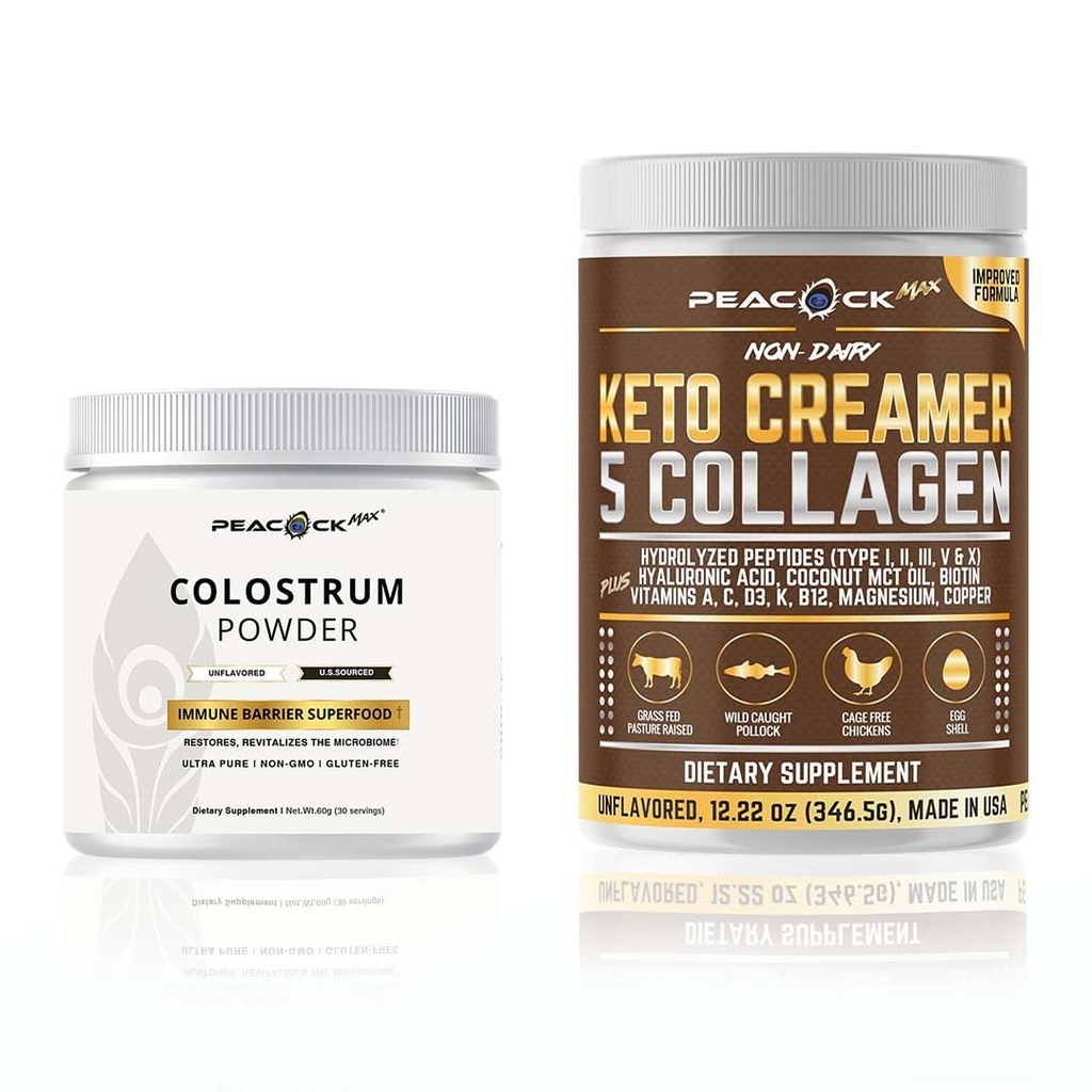 Colostrum + Collagen Keto Creamer Powder Bundle - Protein & Nutrient Blend with MCT Oil, B12 & Magnesium, Unflavored Keto-Friendly Supplements for Daily Wellness, 12.2 oz & 60g