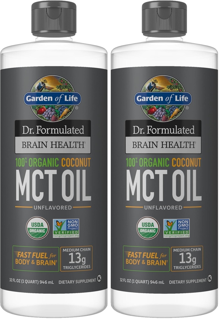 Garden of Life Dr. Formulated Brain Health 100% Organic Coconut MCT Oil 32 fl oz Unflavored,13g MCTs,Body & Brain Fuel,Certified Non-GMO Vegan & Gluten Free,Hexane-Free,(Pack of 2)