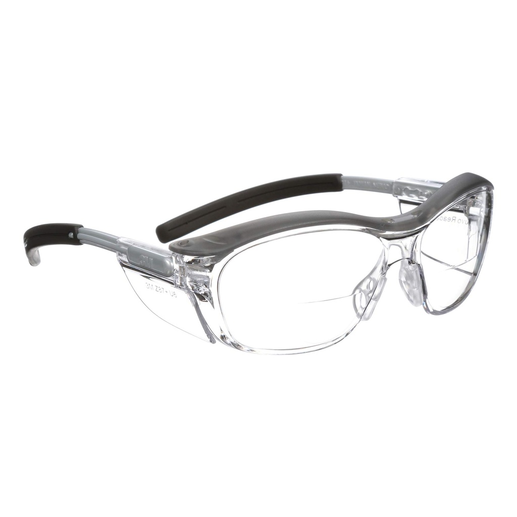 3M Safety Glasses with Readers, Nuvo Protective Eyewear, +2.5, ANSI Z87, Gray Frame, Clear Lens, Soft Nose Bridge, Side Shields