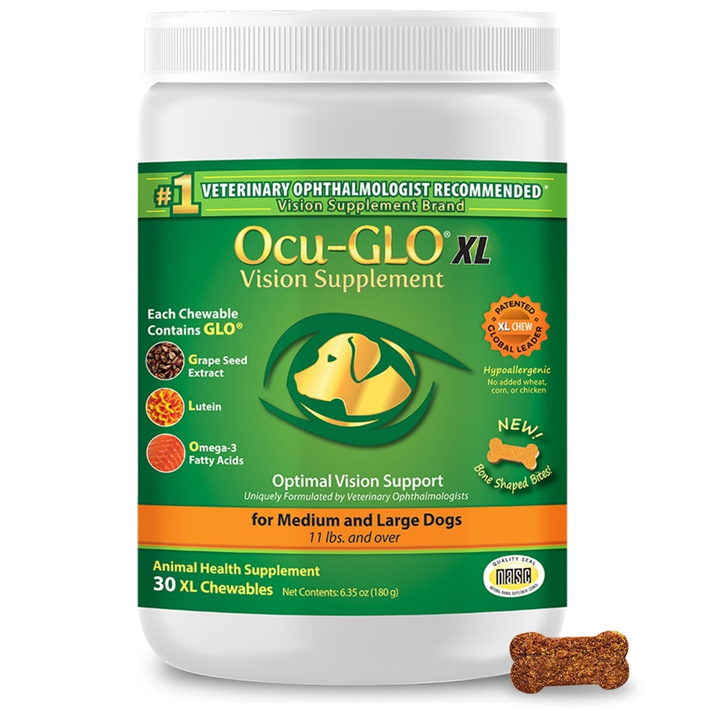 Ocu-GLO Cat & Dog for Eye Support - Chewable Vision Supplement for Large and Small Pets Care with Lutein, Omega-3 λιπαρά οξέα, εκχύλισμα σπόρων σταφυλιών & αντιοξειδωτικά 30 XL μασώμενα