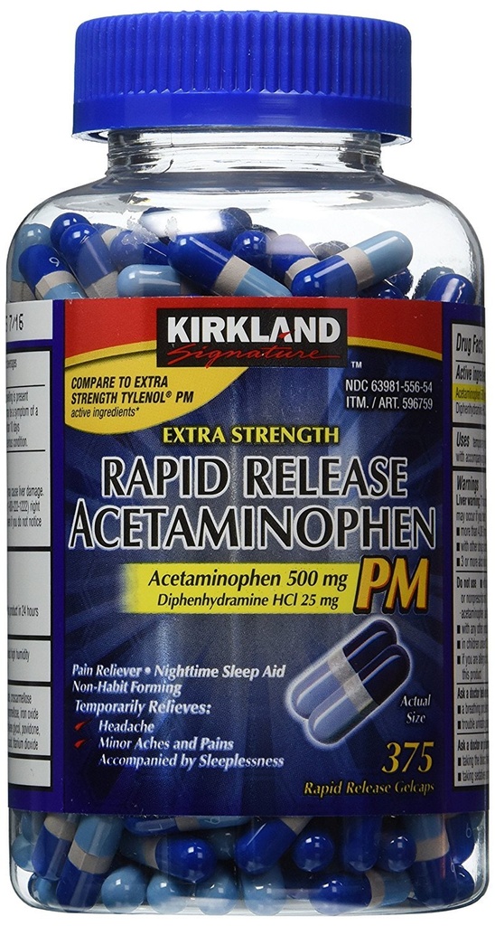 Kirkland Signature Extra Strength Rapid Release Acetaminophen PM 500mg - 375 Gelcaps | Rapid Release