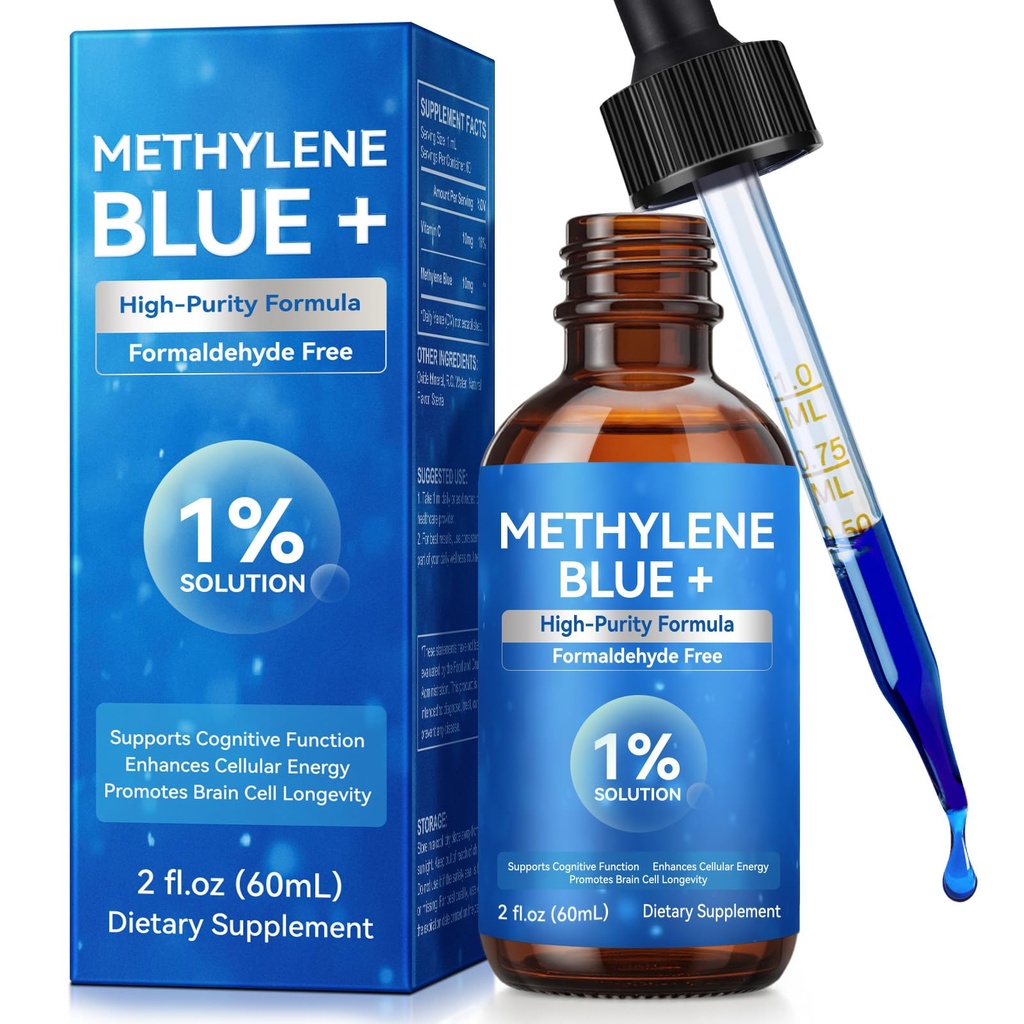 Methylene Blue Pharmaceutical Grade, Methylene Blue 1% Solution for Humans Brain Health and Energy Support, Ultra High Purity, Glass Bottle 2.0 Fl Oz