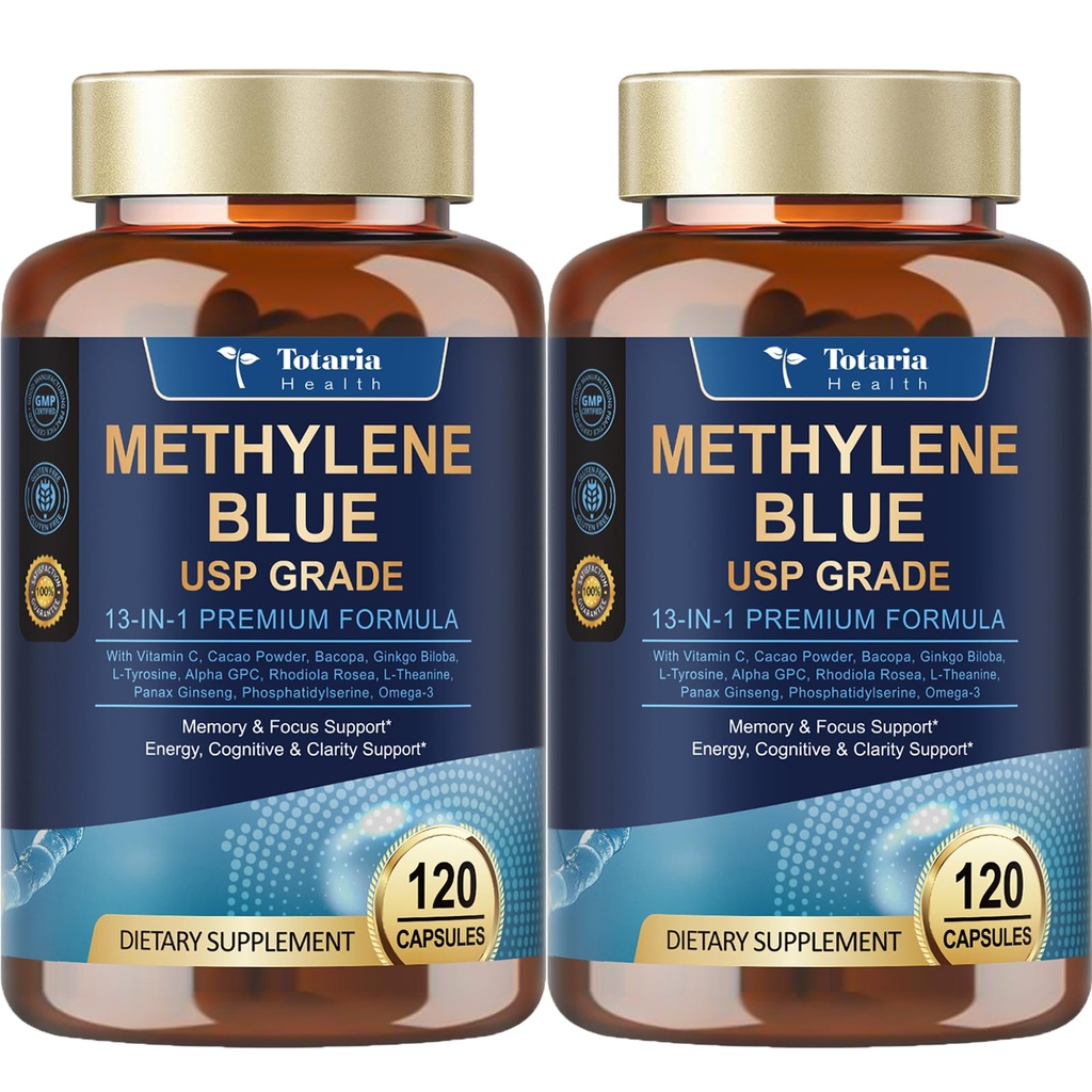 2Pack USP Methylene Blue Pharmaceutical Grade, Vitamin C Ester, Bacopa, Phosphatidylserine, Omega-3 Fatty Acids - 13 in 1 Upgrade Patented Brain Formula - Memory, Focus, Clarity, Cognitive, 240 Count