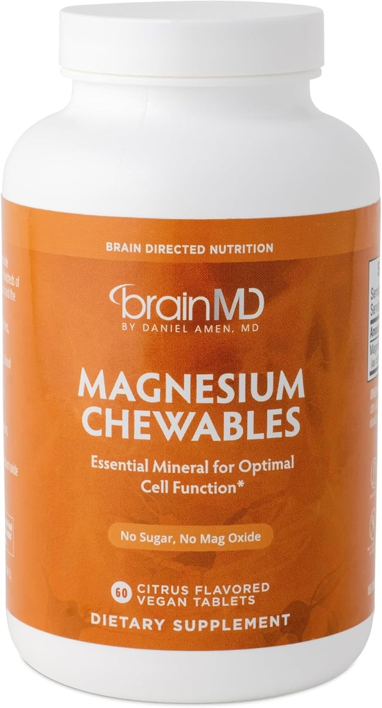 Dr Amen BrainMD Μαγνήσιο Μασώμενα, Εσπεριδοειδή - 60 Μασώμενα δισκία, Συσκευασία των 2 - Ουσιαστικό Ορυκτό για Βέλτιστη λειτουργία κυττάρων - Χωρίς γλουτένη - 120 Σύνολο Σερβίρει