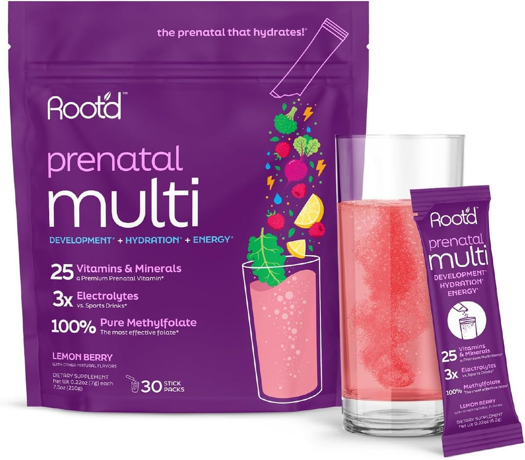 Root'd Prenatal Multivitamin Powder - 25 Vitamins & Minerals with 3x Electrolytes, Folate, Iron, D3 for Mom & Baby, 7 Superfood & Probiotics, Sugar-Free Vitamins & Hydration | 30 Vitamin Drink Packets