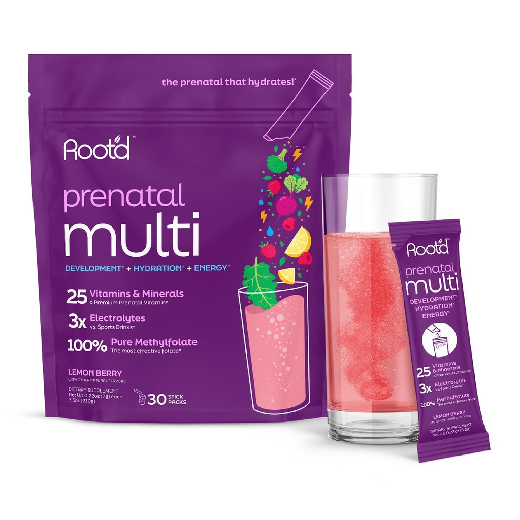 Root'd Prenatal Multivitamin Powder - 25 Vitamins & Minerals with 3x Electrolytes, Folate, Iron, D3 for Mom & Baby, 7 Superfood & Probiotics, Sugar-Free Vitamins & Hydration | 30 Vitamin Drink Packets