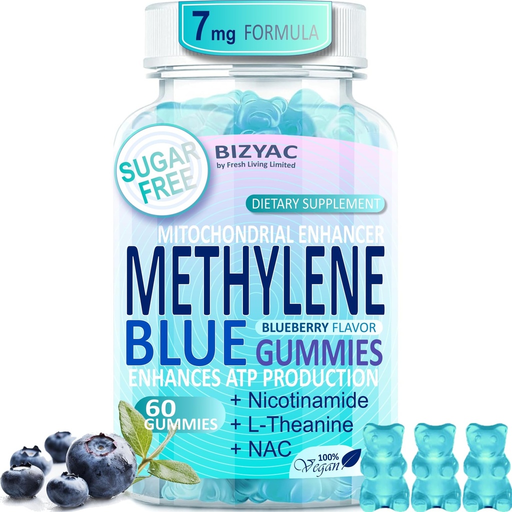 Methylene Blue Gummies 7mg, Methylene Blue for Humans Supplement w/NAC, VIT B3 & L-Theanine, Brain & Mitochondrial Support, Enhances Energy, Focus and Cognitive, Sugar Free, 60 Ct