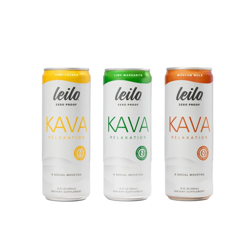 Leilo | Kava Powered Mocktail Drinks | Variety-Pack - Sugar-Free & Non-Alc Functional Relaxation Support - Includes 4 of Each: Margarita, Pina Colada, Moscow Mule | 12 fl oz Cans (Pack of 12)