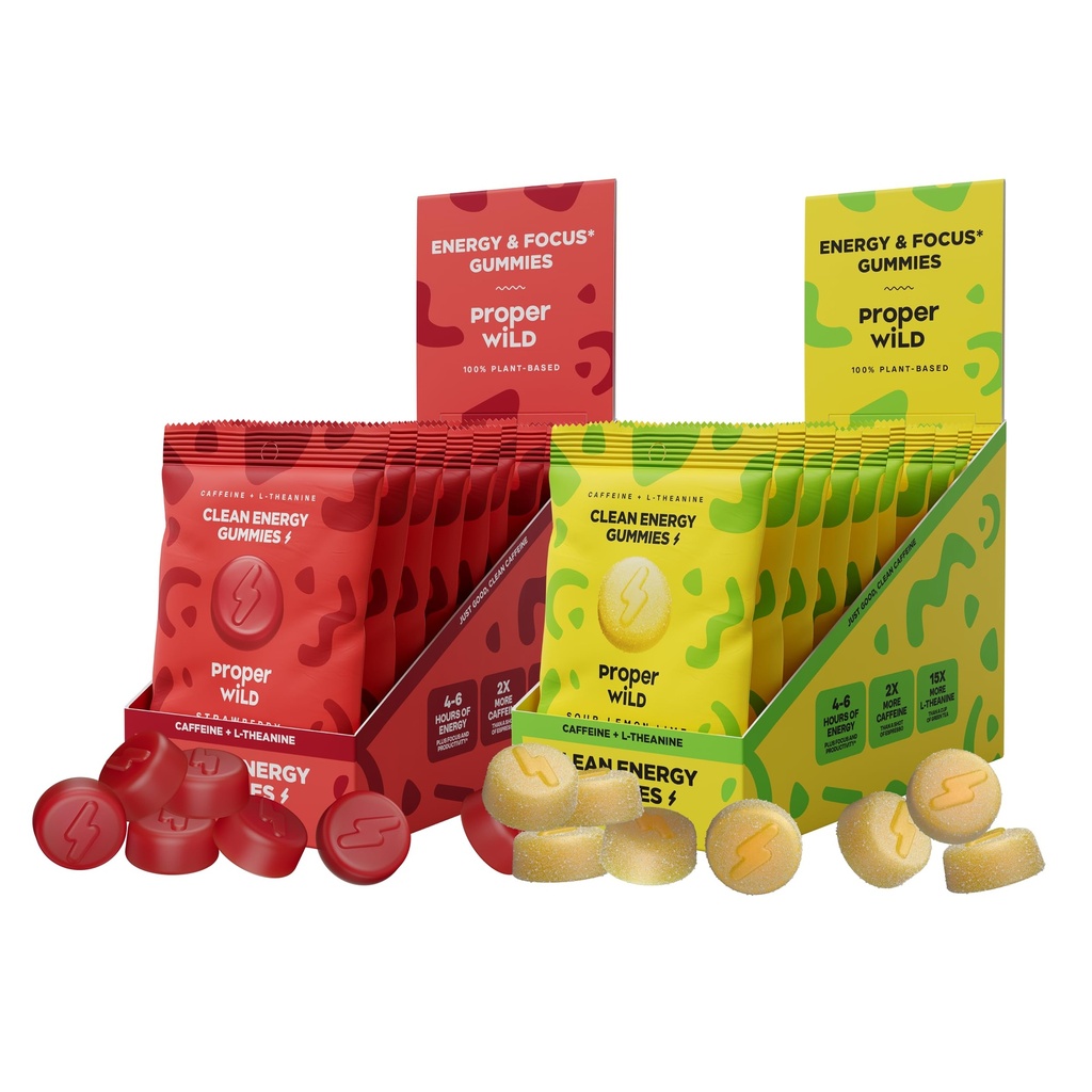 Proper Wild Vegan Energy Gummies Variety Bundle, Strawberry + Sour Lemon Lime (10-Pack Each), Clean Caffeine + L-Theanine for Focus & Lasting Energy, Plant-Based, Non-GMO