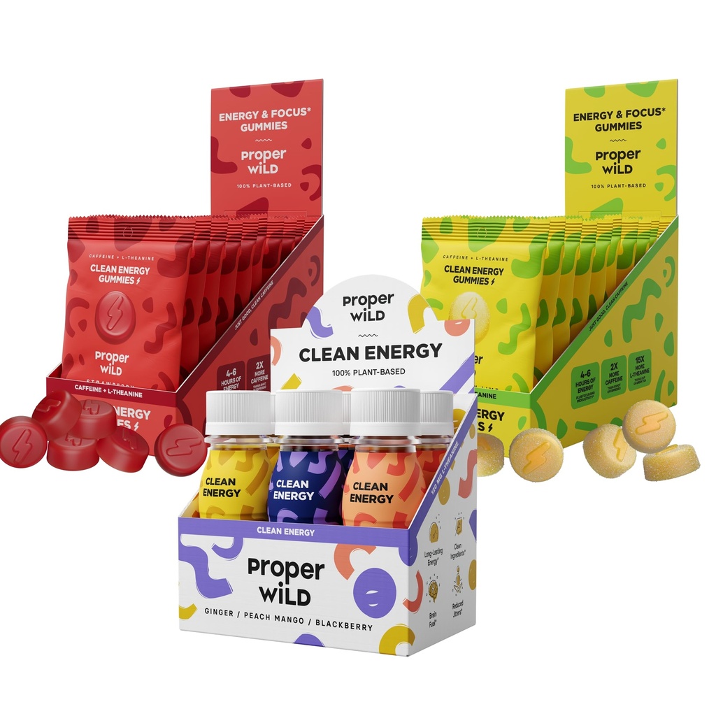 Proper Wild Ultimate Clean Energy Bundle – Strawberry + Sour Lemon Lime Gummies (10-Pack Each) + Originals Variety Energy Shots (6-Pack) – Organic Caffeine + L-Theanine