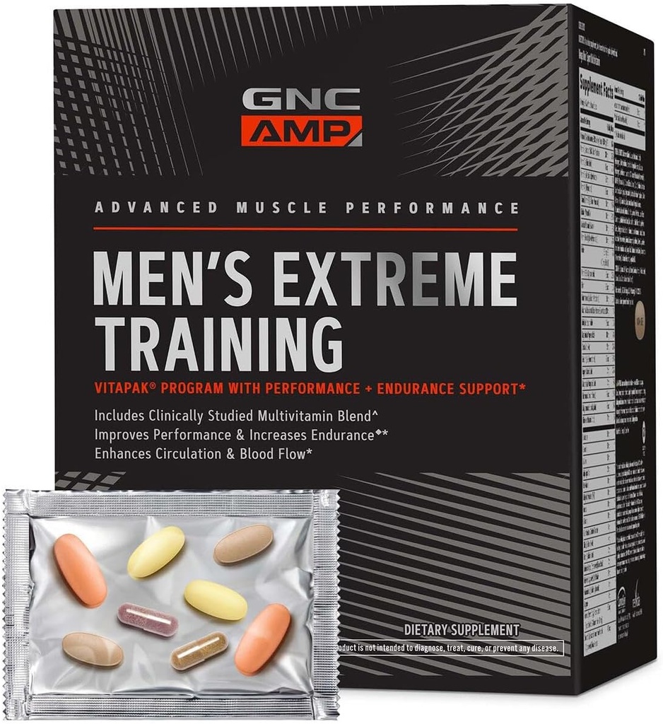 GNC AMP Πρόγραμμα Extreme Training Vitapak Ανδρών, 5 Προϊόντα σε 1, Βολικό πακέτο βιταμινών για την απόδοση & αντοχή, Ενήλικη πολυβιταμίνη, Αποδεδειγμένα συστατικά, καφεΐνη, Nitric Oxide, 30 ημέρες προσφοράς