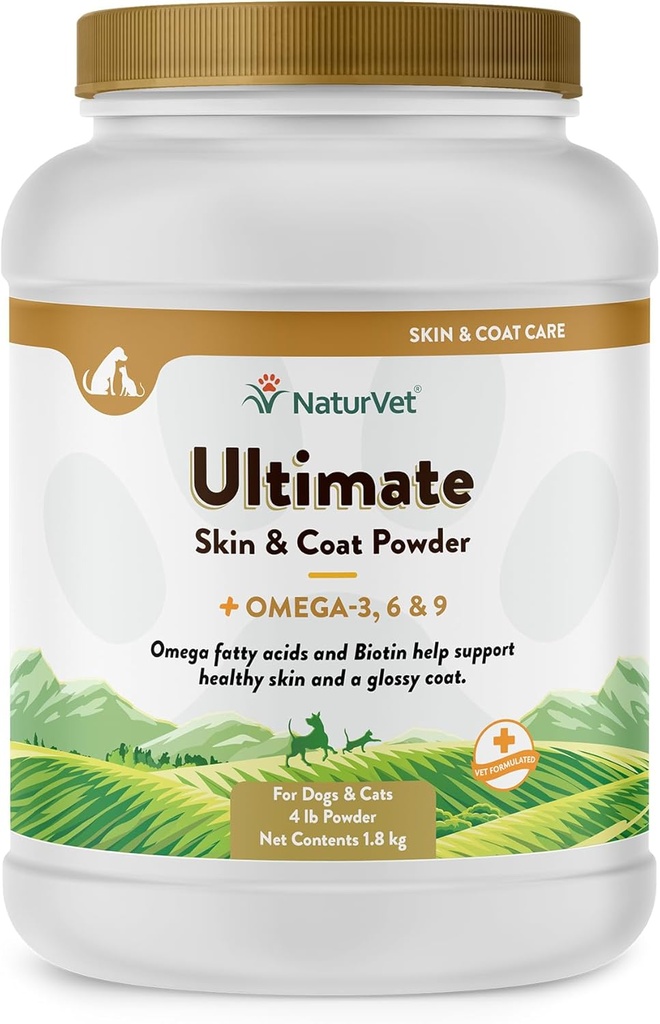 NaturVet Ultimate Skin & Coat Powder Pet Supplement for Dogs & Cats – Περιλαμβάνει Ωμέγα 3, 6, 9, Βιοτίνη, Βιταμίνες – Για Υγιή Σκύλος Coats, Δέρμα γάτας – Νόστιμο Topper Τροφίμων για Κατοικίδια Pet 4 lbs.