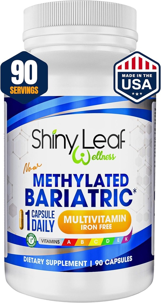 Shiny Leaf Methylated Bariatric Multivitamin Without Iron – Vitamins for Gastric Bypass & Sleeve, 1 Daily Capsule W Methylated Folate, B12, A, C, D, K & More. Vegetarian, Soy-Free, USA Made (90 Ct.)