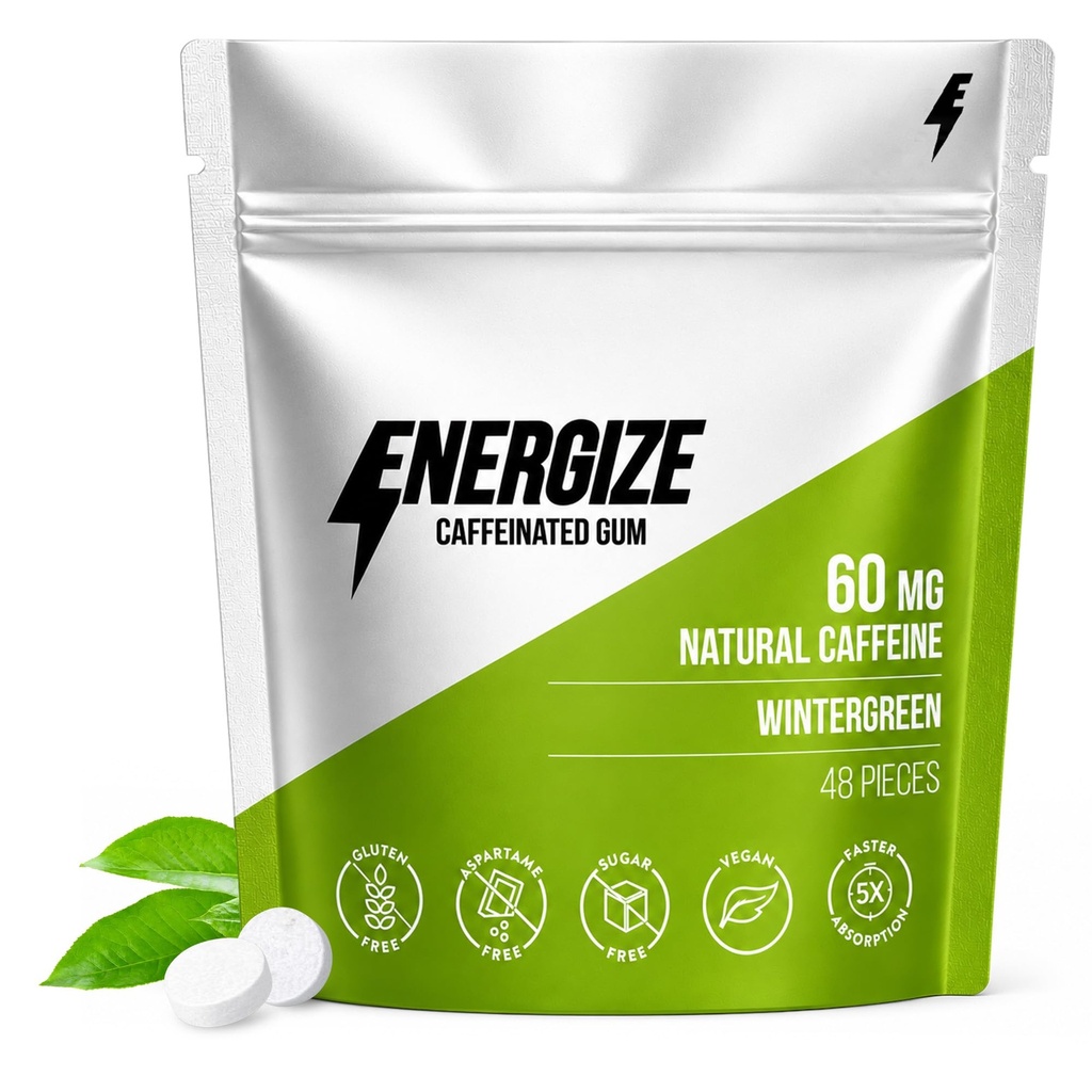 ENERGIZE Wintergreen Caffeine Gum, Natural Green Coffee Bean Energy Gum with Vitamin B6 B12, Sugar Free Caffeinated Chewing Gum for Focus, 48 Pieces