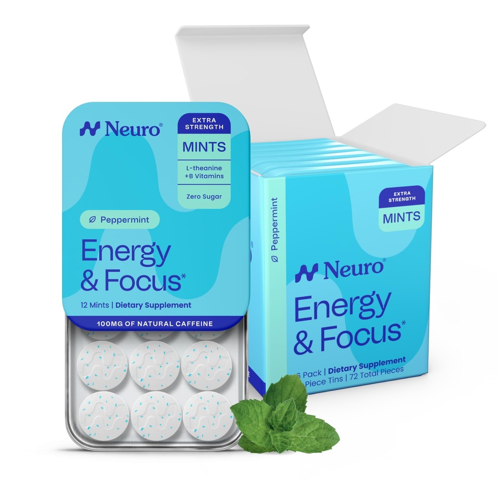 Neuro Energy & Focus Mints, Extra Strength - Sugar Free Breath Mints with 100mg Natural Caffeine, B Vitamins & L-Theanine - Vegan Brain Supplement for Exercise, Study & Daily Focus - Peppermint, 72 ct