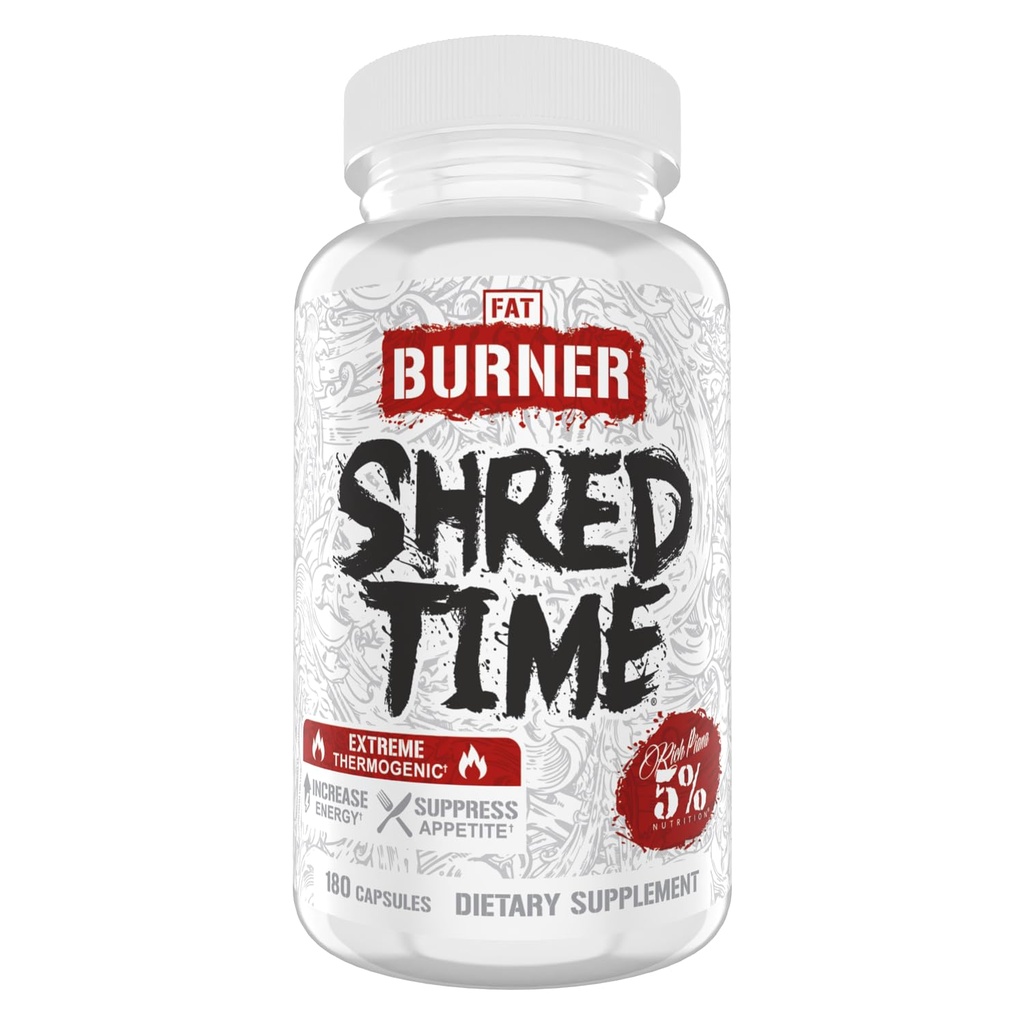5% Nutrition Shred Time Fat Burner | Green Tea, Coffee Bean, Cayenne, Theobromine, GBB | Appetite Suppression | 30 Servings (180 Capsules)