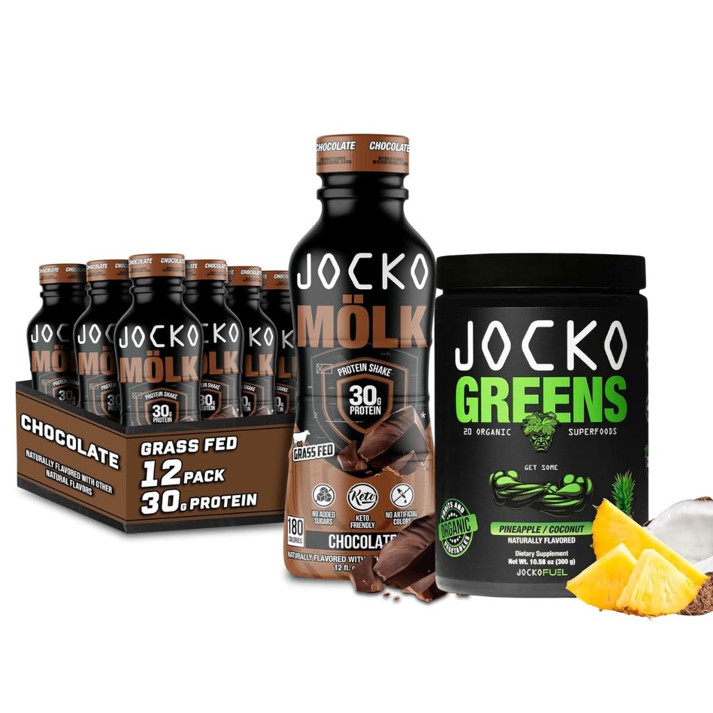 Jocko Mölk Grass Fed Protein Shakes - Ready to Drink (pack of 12) Chocolate + Jocko Fuel Daily Greens Pineapple Coconut