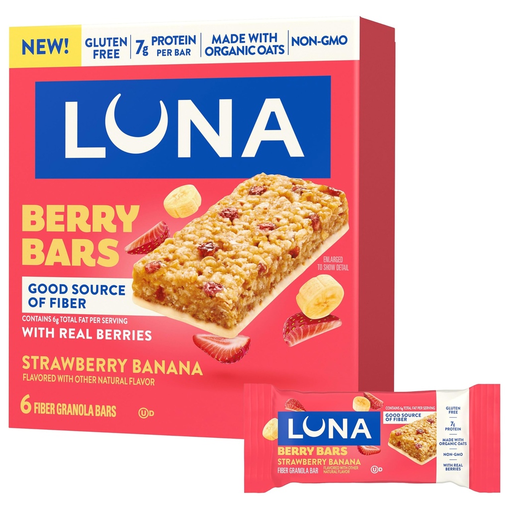 LUNA Berry Bars - Strawberry Banana Flavor - Fiber Granola Bars - Non-GMO - Gluten Free Protein Bars - Made with Organic Oats (6 Pack)