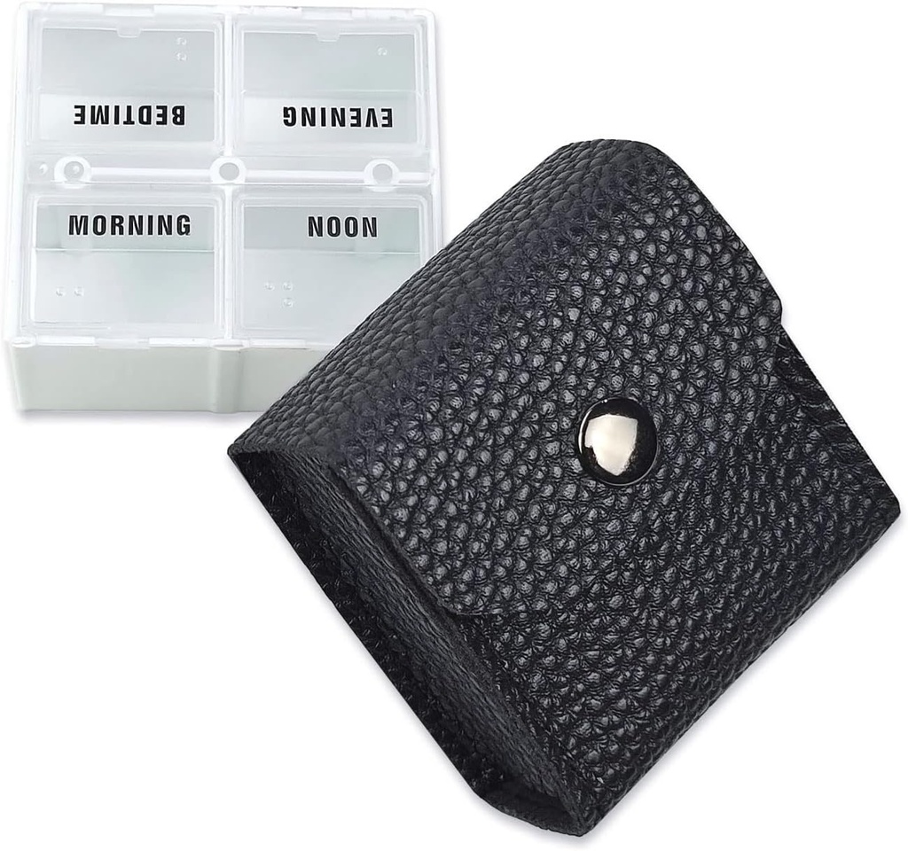 VOFOON Small Pill Organizer, Travel Pill Box for Purse, Pocket Pill Container, 4 Times a Day Daily Portable Medicine Vitamin Case, Fish Oil Supplement Box (4 Compartments, 4X-SU)