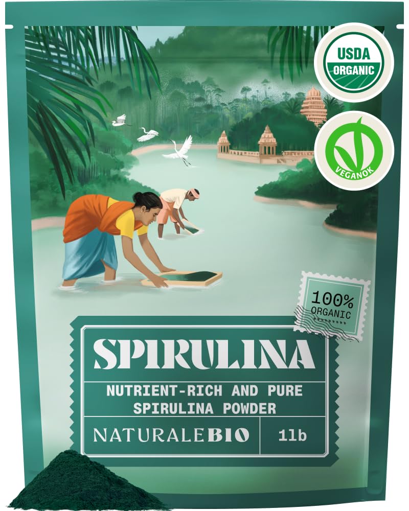 NaturaleBio Spirulina Powder Organic 1 lb. Natural and Raw Spirulina Algae Powder. Vegan and Pure. Cultivated in India in Tamil Nadu. Ideal for Drinks, Smoothies and Recipes.