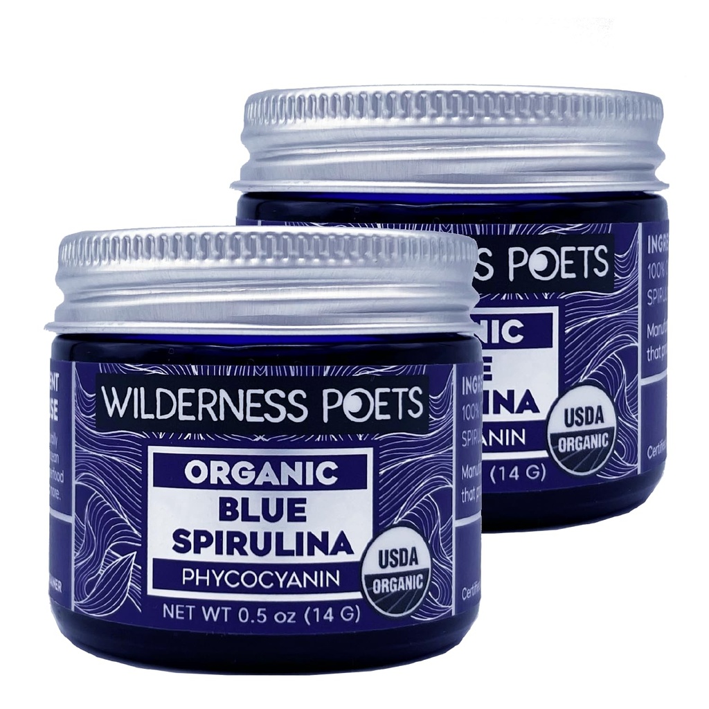 Wilderness Poets, Organic Blue Spirulina - 100% Phycocyanin (.5 oz. Blue Glass Jar - 2 Pack) - Naturally Brilliant Blue - No Maltodextrin, Fillers or Preservatives - Smoothies, Desserts, Ice Cream
