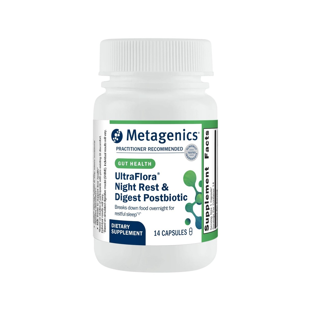 Metagenics UltraFlora Night Rest & Digest Postbiotic - Postbiotic Capsules - Digestive Enzymes & Botanical Extracts - Nighttime Formula to Support Gut-Brain Connection & Restful Sleep - 14 Capsules