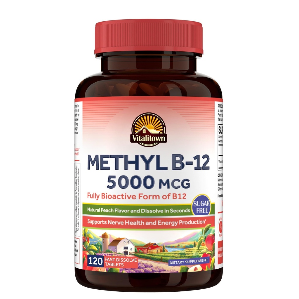 Vitalitown Vitamin B12 (Methyl B12) 5000 mcg, Fully Bioactive Form, Support Energy Production, Natural Peach Flavor, Zero Sugar, 120 Fast Dissolve Tablets