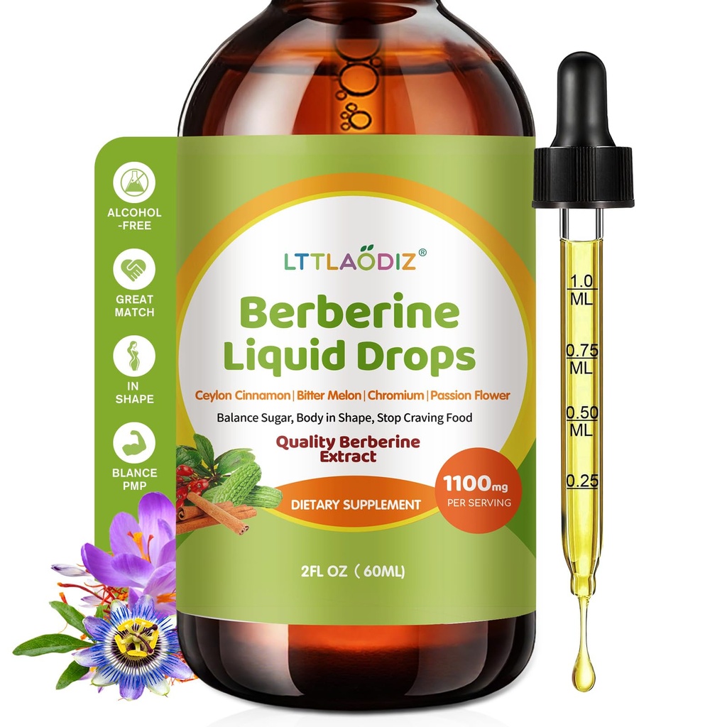 Liquid Berberine Drops with Ceylon Cinnamon & Chromium Picolinate – Blood Sugar Support Complex – Berberine Liquid Supplement, 300mg per Serving, 2 fl oz