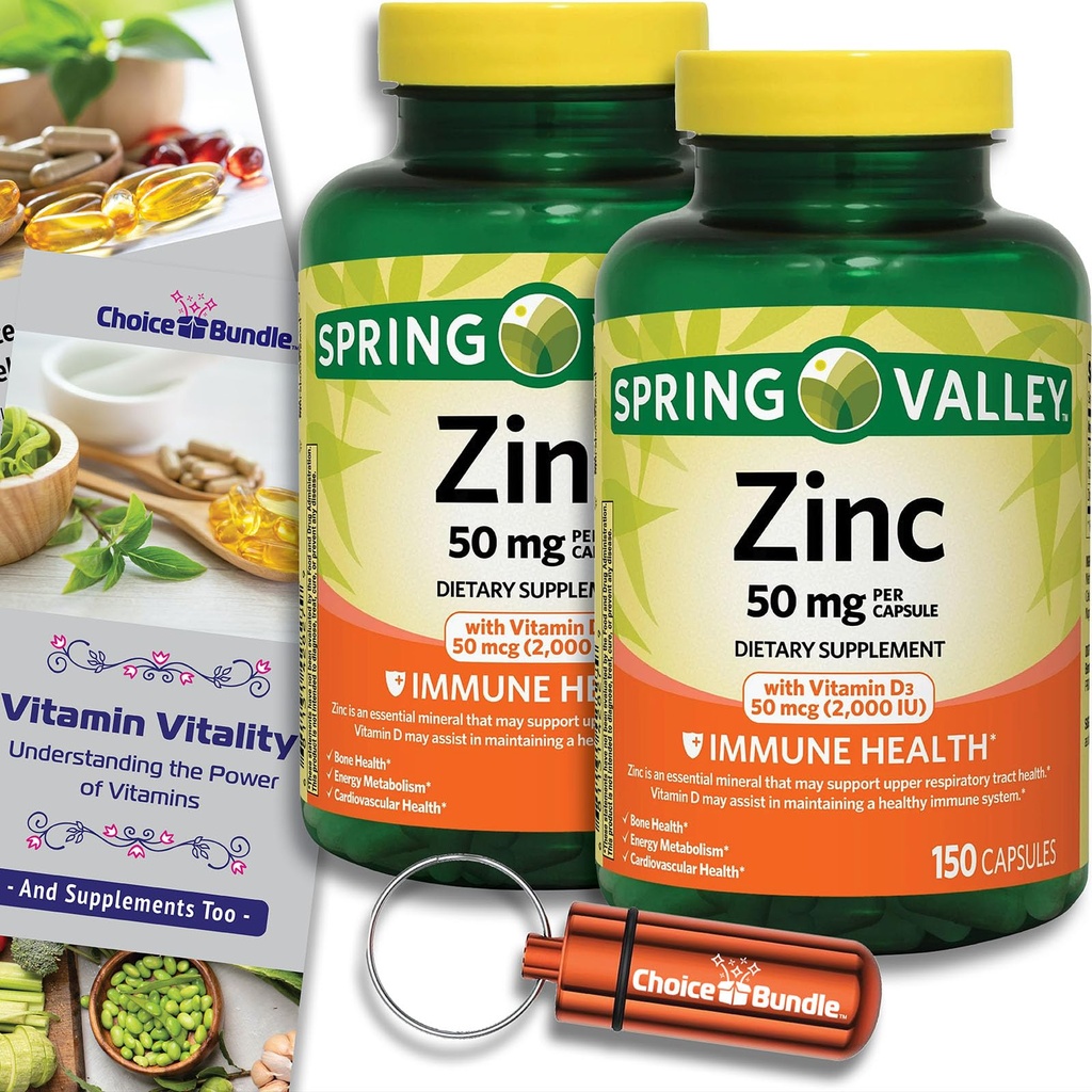 Spring Valley Zinc 50 mg with Vitamin D 50 mcg 150 Ct Immune Health Dietary Supplement Capsules 2 pk (300 Total) + Vitamin Vitality & Pill Container (4 Items)!