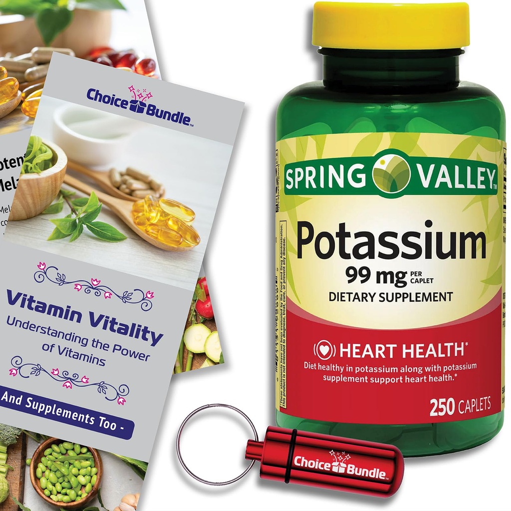 Spring Valley Potassium Heart Health Dietary Supplement Caplets 99 mg 250 Ct Plus Vitamin Vitality & Pill Container (3 Items)!