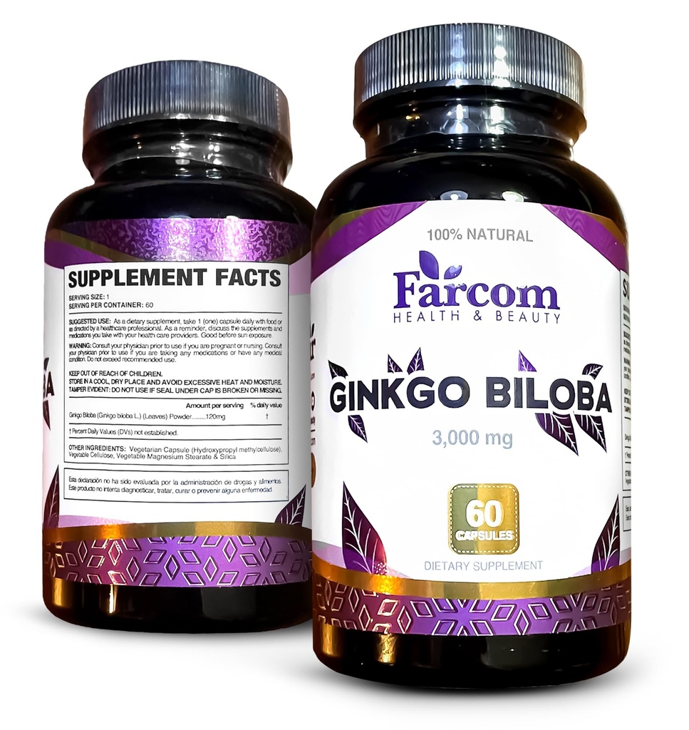 Farcom Ginkgo Biloba 120mg Capsules – Brain & Memory Support Supplement with Antioxidant Properties – Supports Cognitive Function, Focus & Healthy Circulation – Non-GMO, Vegetarian – 60 Capsules