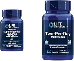 Life Extension 60 Vegetarian Capsule Digestive Enzymes & 120 Tablet High Potency Multi-Vitamin Supplement Bundle