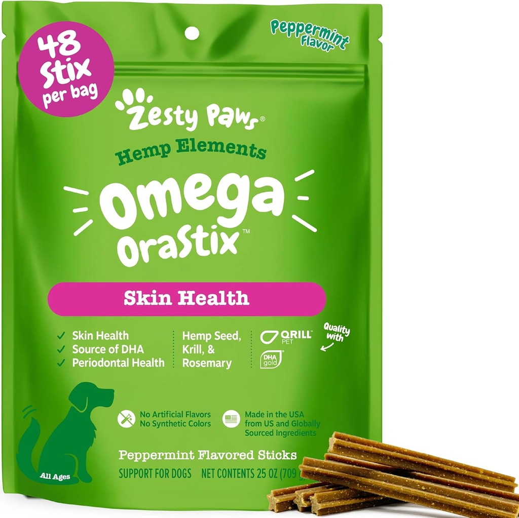 Zesty Paws OraStix for Dogs – Ωμέγα Sticks with Hemp Salmon Krill Oil Bronth Anti Itch Skin Coat Care Hip & Joint Health Heart Immune System Υποστήριξη Σκύλος Ταρτάρης Δόντια Καθαρισμός 25oz