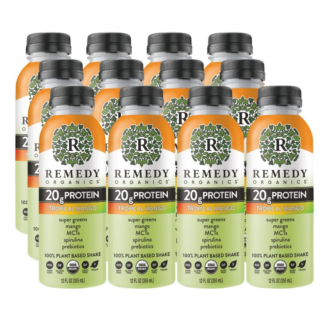 Remedy Organics Tropical Mango 12-Pack | Plant Based 16g Protein Shakes, Ready to Drink | USDA Organic, Gluten Free, Dairy Free, Soy Free