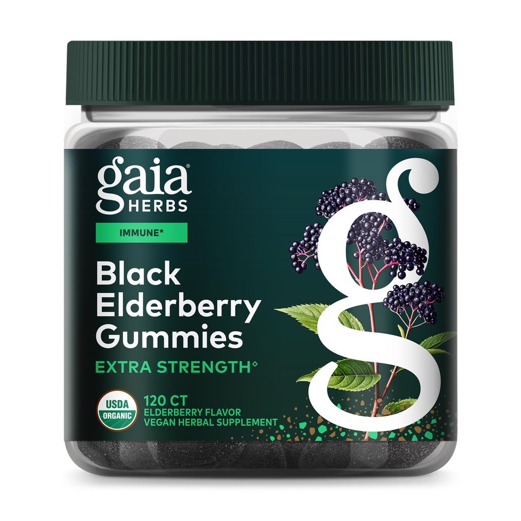 Gaia Herbs Black Elderberry (Sambucus nigra) Extra Strength Gummies - Delicious Immune Support Supplement* - Certified Organic Black Elderberries for Immune System Support* - 120 Gummies (60 Servings)