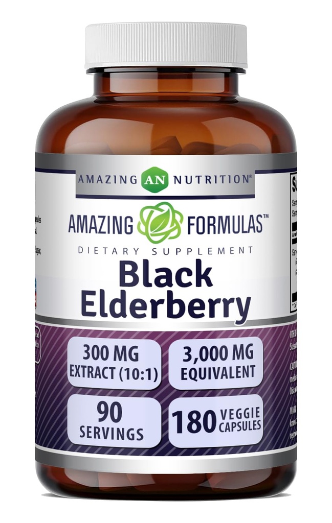 Amazing Formulas Sambucus Black Elderberry 300 Mg | Standardized 10:1 Extract | 180 Veggie Capsules | 3000 Mg Equivalent Supplement | Non-GMO | Gluten-Free | Made in the USA
