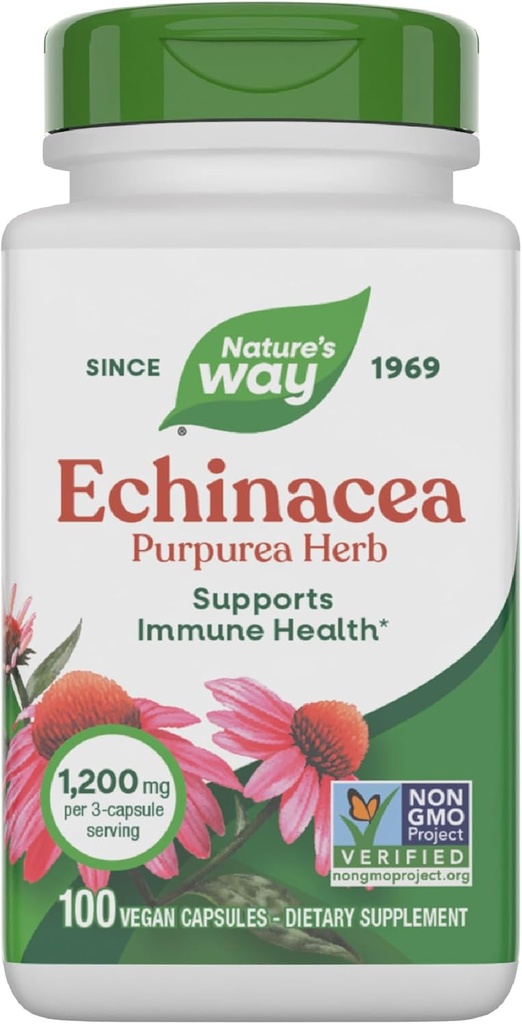 Nature's Way Echinacea Purpurea Herb, Immune Support Supplement*, 1200 mg ανά 3-κάψουλα που σερβίρεται, Μη ΓΤΟ Έργο Επαληθευμένο, Vegan, 100 Κάψουλες (Packaging May Vary)