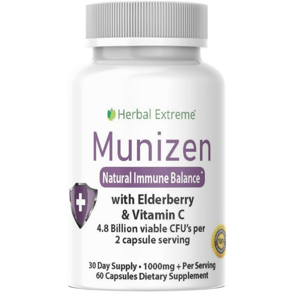 Munizen Immune System Support 60 Capsules Vitamin C, E, B6, Zinc, L-Glutamine HCI, European Elderberry Extract, Echinacea, Garlic Powder, Turmeric and Lactobacillus Acidophilus