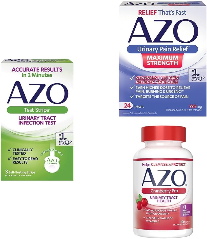 AZO UTI Pain Relief Bundle – AZO UTI Test Strips 3ct, AZO Urinary Pain Relief Max Strength 24ct, AZO Cranberry Pro Supplement 100ct