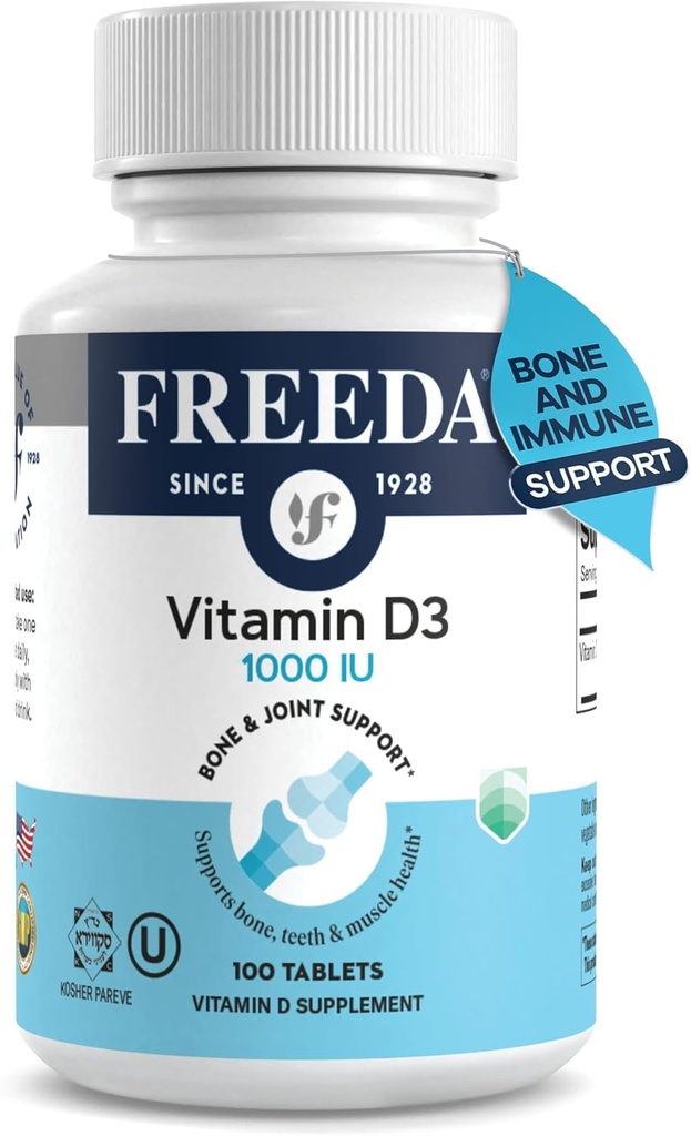 FREEDA Vitamin D3-1000 IU - Pure High Potency Kosher Supplement Tablets - Υγεία των οστών και των μυών, Απορρόφηση ασβεστίου, Ανοσολογική Υποστήριξη για άνδρες και γυναίκες* - 100 Count