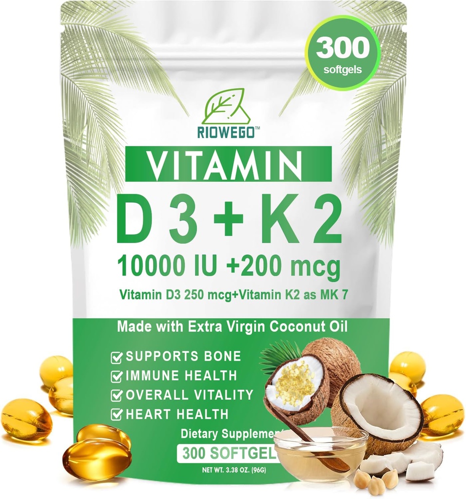 Vitamin D3 + K2 w/Coconut Oil,Vegan Vitamin D 10000IU & Mk7 Vitamin K 200 mcg for Bone, Immune & Heart Support | Easy to Swallow-Non-GMO-300 Softgels
