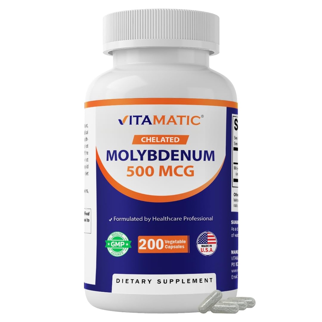 Vitamatic Chelated Molybdenum 500 mcg (as Molybdenum Glycinate Chelate) – 200 Vegetable Capsules – Trace Mineral Supplement – High Absorption – Non-GMO, Gluten Free – Made in USA