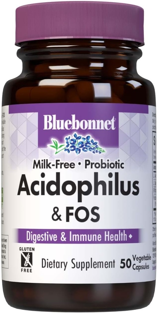 Bluebonnet Nutrition Milk-Free Probiotic Acidophilus & FOS, Digestive Health*, Immune Health*, Gluten-Free, Soy-Free, Dairy-Free, 50 Vegetable Capsules, 50 Servings