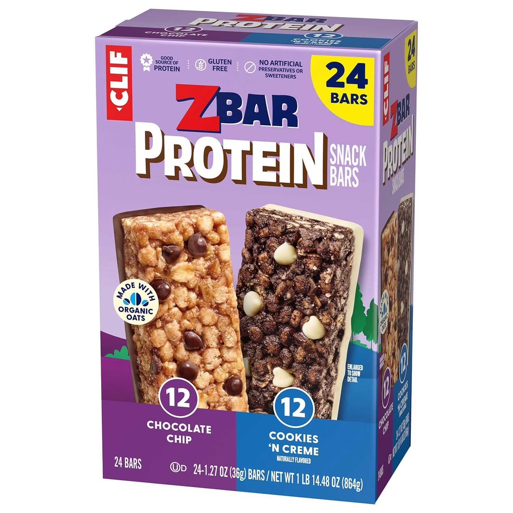 Zzbar Protein Gluten Free Snack Bars Variety Pack – 24 Count (1.27 oz Bars) – Chocolate Chip & Cookies ‘n Cream - 5g Plant Based Protein & 2g Fiber – Non GMO & Organic Oats