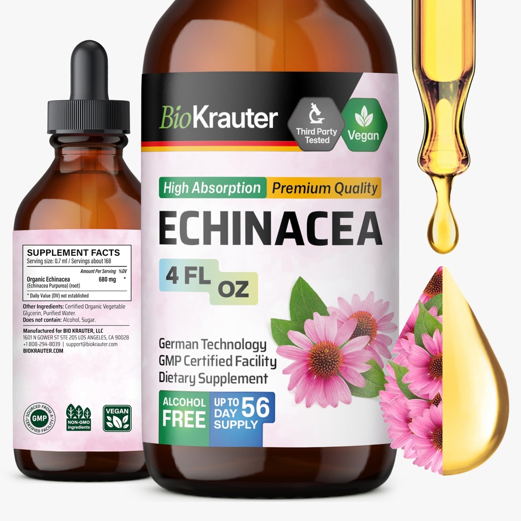 BIO KRAUTER Echinacea Drops - Φυσική Ανοσολογική Υποστήριξη - Συμπλήρωμα Βαφής Echinacea - Vegan, Alcohol & Sugar Free Drops - 4 Fl.Oz.