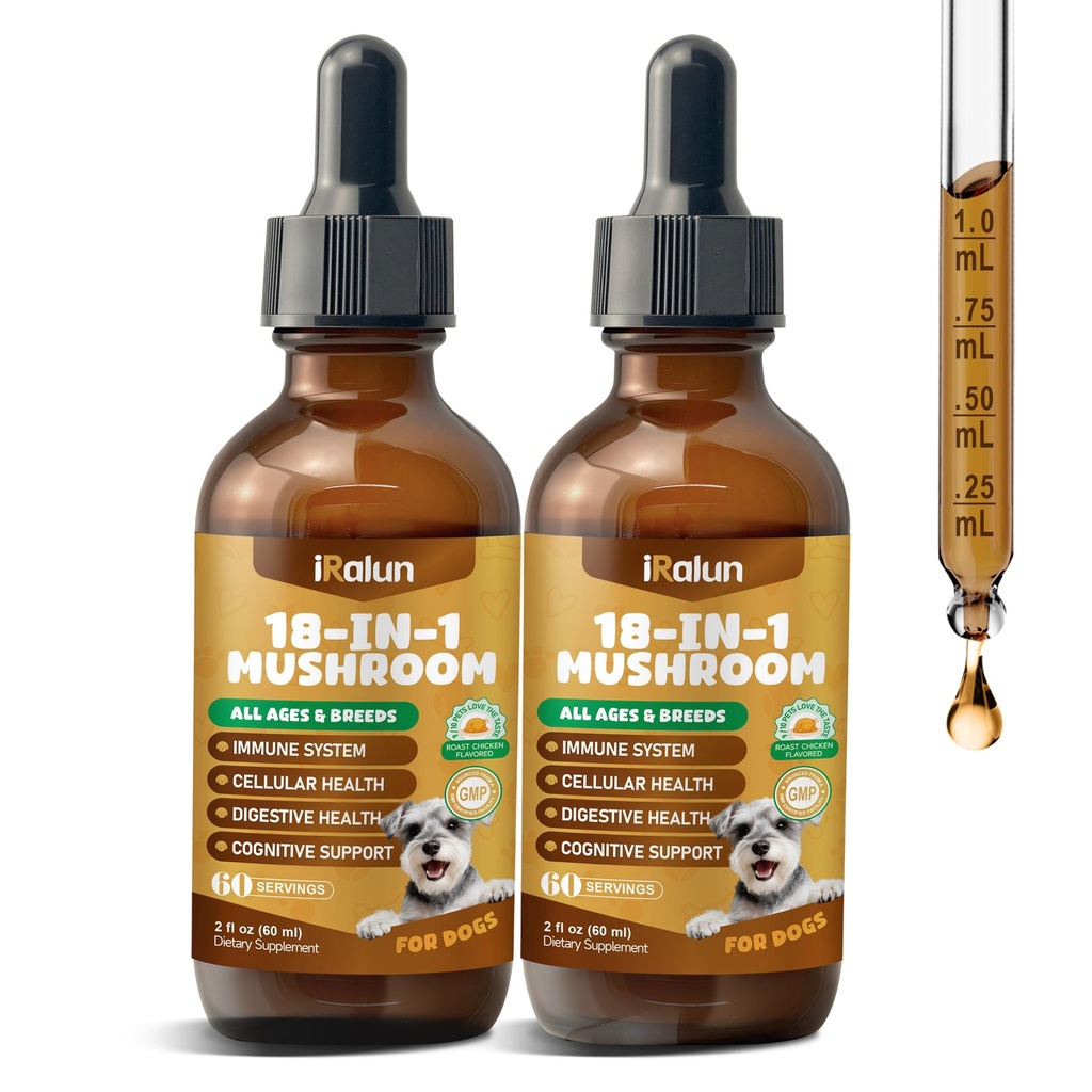 2 Pack Organic Mushroom Supplement for Dogs - 18-in-1 Blend with Turkey Tail, Reishi, Lion's Mane, Supports Immune Defense, Allergy Relief, Joint & Skin Health, Roast Chicken Flavor Liquid, 120mL